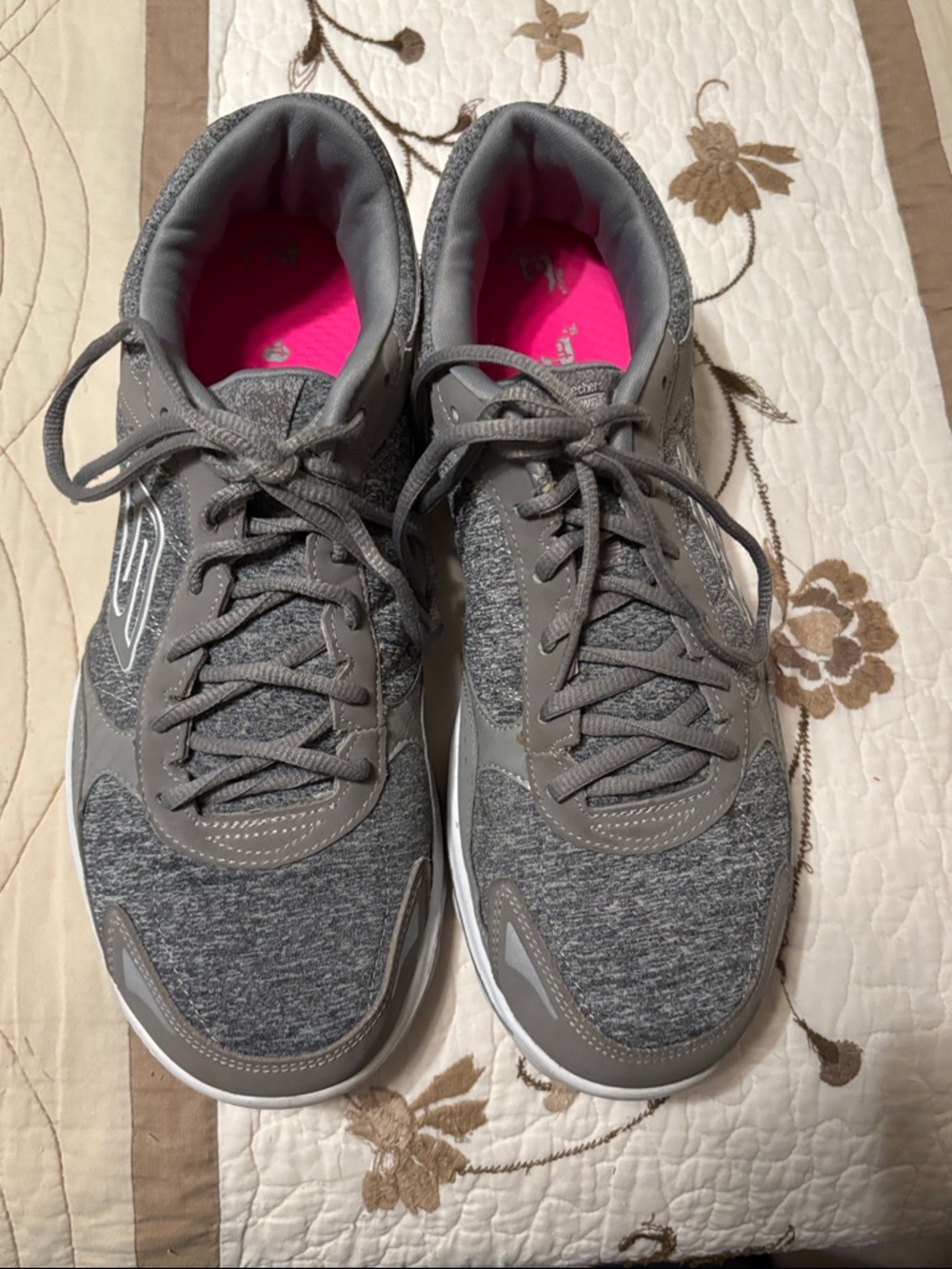 Skechers Women's Gray Athletic Lace-Up Sneakers with Pink Insoles